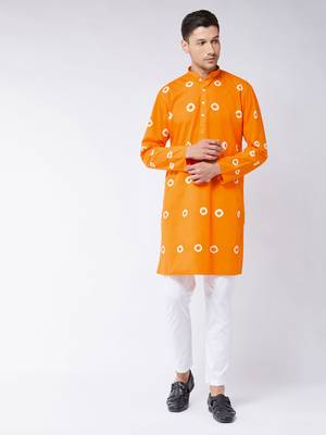 Orange And White Pure Cotton Kurta Pyjama Set 1