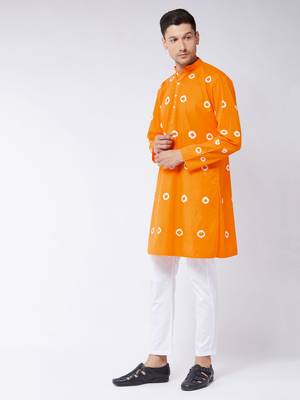 Orange And White Pure Cotton Kurta Pyjama Set 2