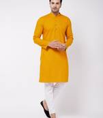 Mustard And White Cotton Linen Kurta Pyjama Set