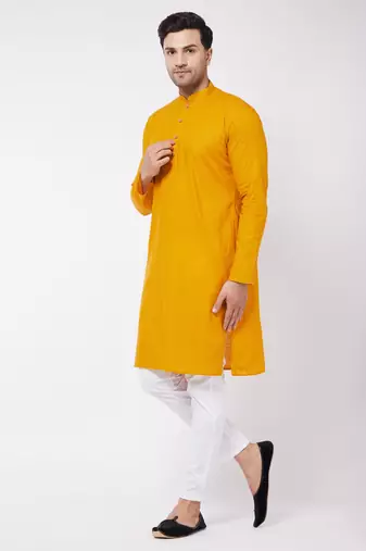 Mustard And White Cotton Linen Kurta Pyjama Set