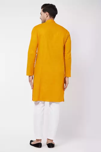 Mustard And White Cotton Linen Kurta Pyjama Set