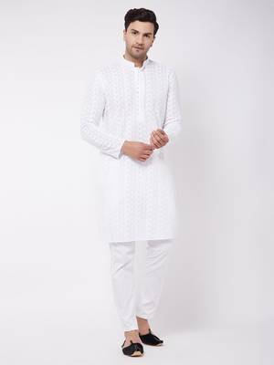White Pure Cotton Kurta Pyjama Set 1