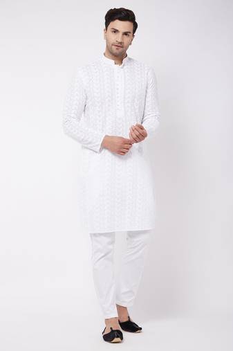 Men'S White Pure Cotton Kurta Pyjama Set