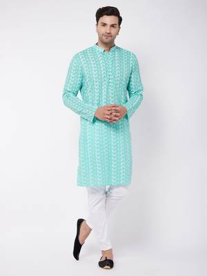 Green And White Pure Cotton Kurta Pyjama Set 1