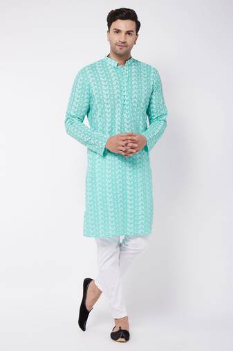 Men'S Green And White Pure Cotton Kurta Pyjama Set