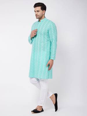 Green And White Pure Cotton Kurta Pyjama Set 2