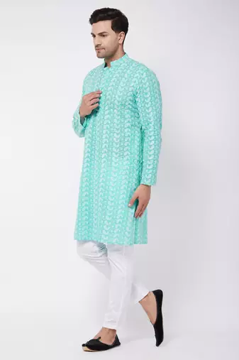 Green And White Pure Cotton Kurta Pyjama Set