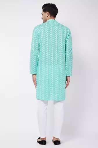 Green And White Pure Cotton Kurta Pyjama Set