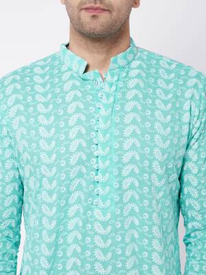 Green And White Pure Cotton Kurta Pyjama Set 4