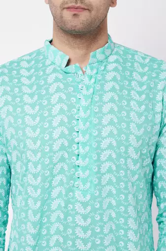 Green And White Pure Cotton Kurta Pyjama Set