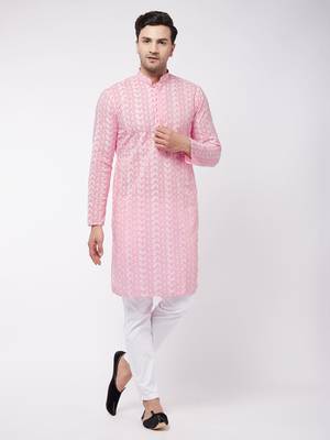 Pink And White Pure Cotton Kurta Pyjama Set 1
