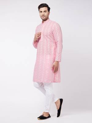 Pink And White Pure Cotton Kurta Pyjama Set 2