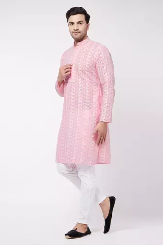 Pink And White Pure Cotton Kurta Pyjama Set