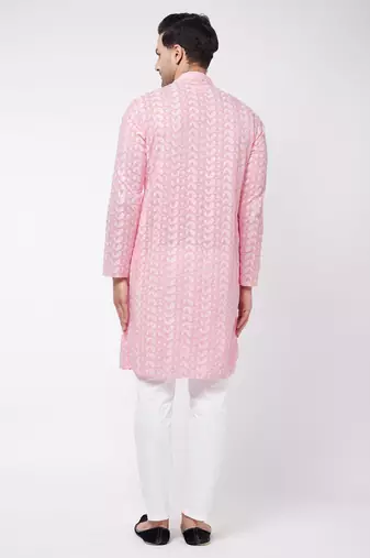 Pink And White Pure Cotton Kurta Pyjama Set