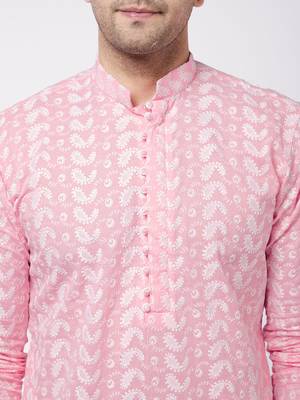 Pink And White Pure Cotton Kurta Pyjama Set 4