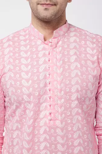 Pink And White Pure Cotton Kurta Pyjama Set