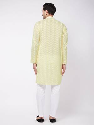 Yellow And White Pure Cotton Kurta Pyjama Set 3
