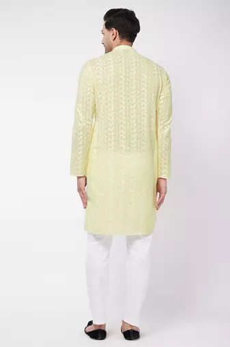 Yellow And White Pure Cotton Kurta Pyjama Set
