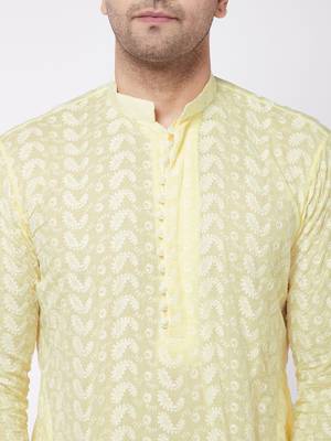 Yellow And White Pure Cotton Kurta Pyjama Set 4
