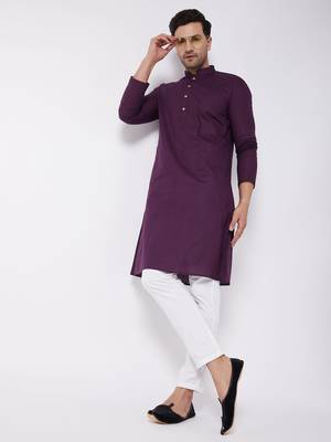 Purple And White Cotton Linen Kurta Pyjama Set 1