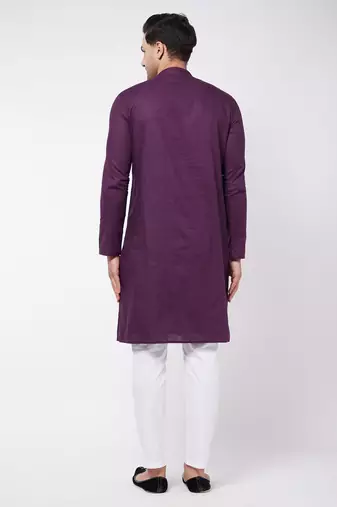 Purple And White Cotton Linen Kurta Pyjama Set