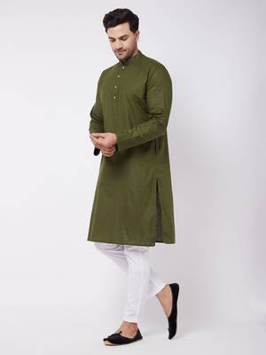 Green And White Cotton Linen Kurta Pyjama Set 2