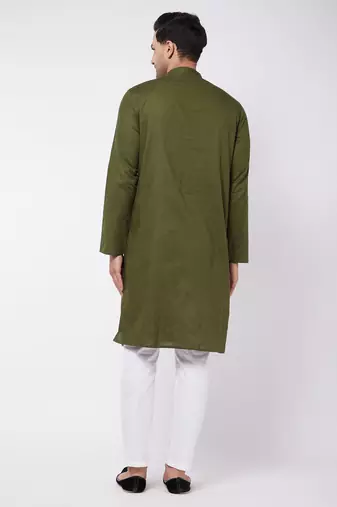 Green And White Cotton Linen Kurta Pyjama Set