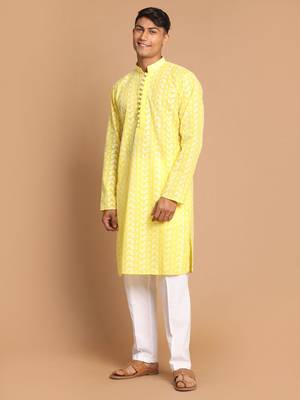 Mustard And White Pure Cotton Kurta Pyjama Set 2