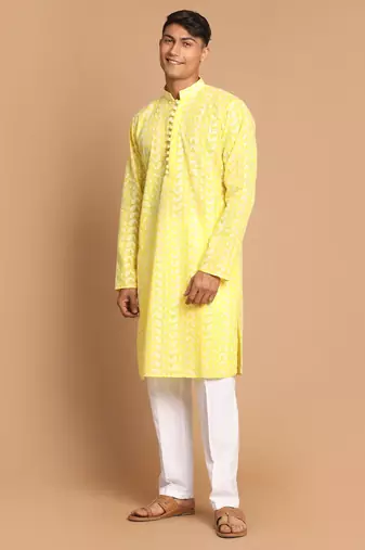 Mustard And White Pure Cotton Kurta Pyjama Set
