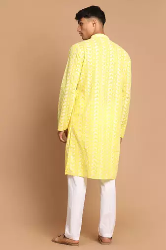 Mustard And White Pure Cotton Kurta Pyjama Set