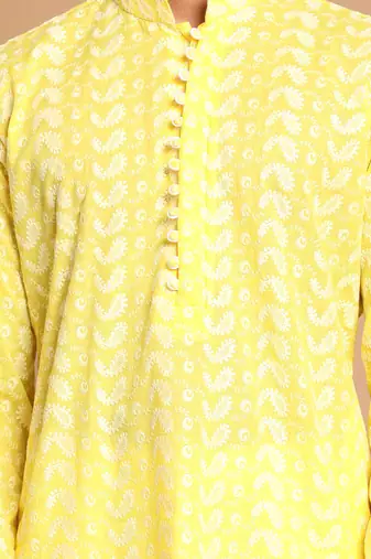 Mustard And White Pure Cotton Kurta Pyjama Set