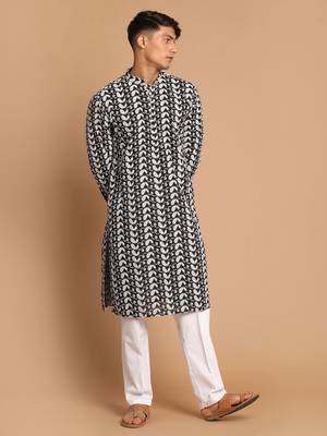 Black And White Pure Cotton Kurta Pyjama Set 1