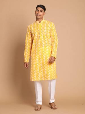 Orange And White Pure Cotton Kurta Pyjama Set 1