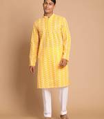 Men'S Orange And White Pure Cotton Kurta Pyjama Set