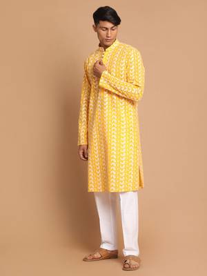 Orange And White Pure Cotton Kurta Pyjama Set 2