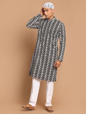 Black And White Pure Cotton Kurta Pyjama Set 1