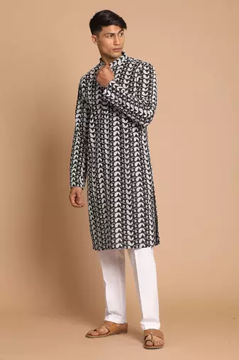 Black And White Pure Cotton Kurta Pyjama Set