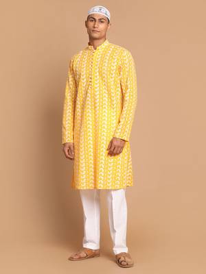 Orange And White Pure Cotton Kurta Pyjama Set 1