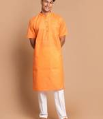 Orange And White Cotton Blend Kurta Pyjama Set
