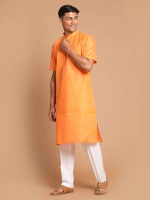 Orange And White Cotton Blend Kurta Pyjama Set 2