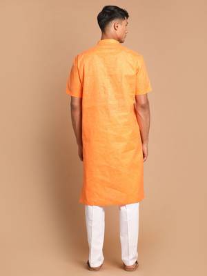 Orange And White Cotton Blend Kurta Pyjama Set 3