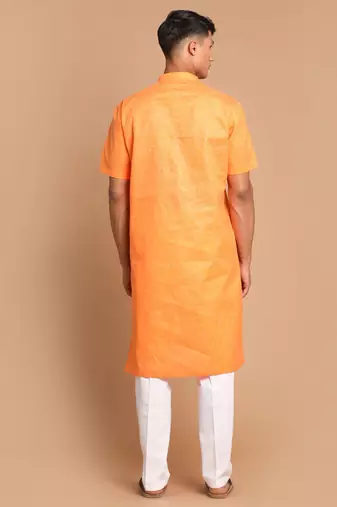 Orange And White Cotton Blend Kurta Pyjama Set