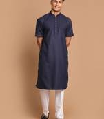 Men'S Navy Blue And White Cotton Blend Kurta Pyjama Set