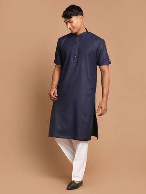 Men'S Navy Blue And White Cotton Blend Kurta Pyjama Set 2