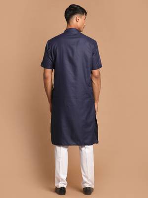 Men'S Navy Blue And White Cotton Blend Kurta Pyjama Set 3