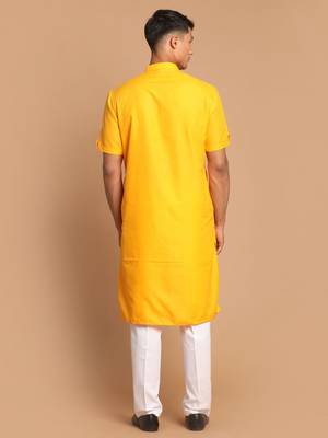 Mustard And White Cotton Blend Kurta Pyjama Set 3