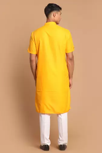 Mustard And White Cotton Blend Kurta Pyjama Set