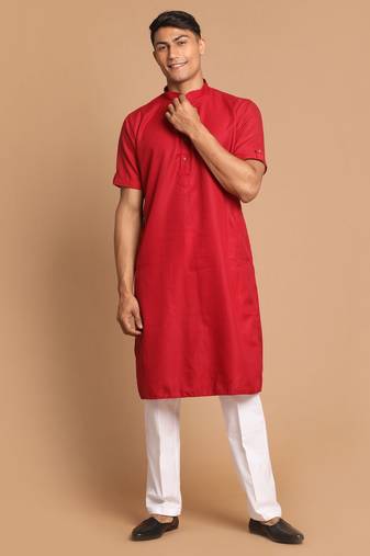 Men'S Maroon And White Cotton Blend Kurta Pyjama Set