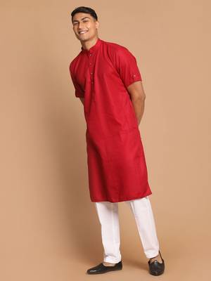 Maroon And White Cotton Blend Kurta Pyjama Set 2