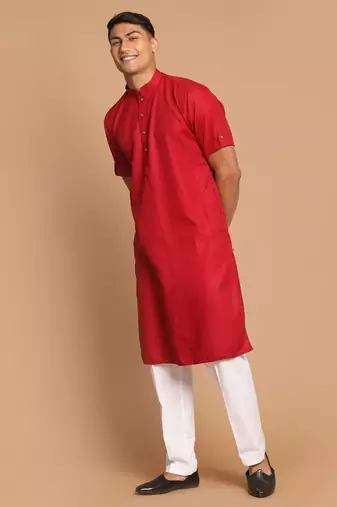 Maroon And White Cotton Blend Kurta Pyjama Set